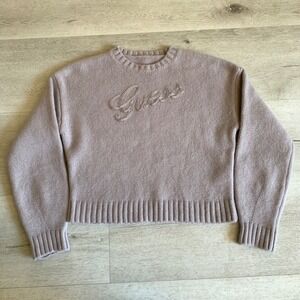 Guess Womens 100% Wool Script Logo Crewneck Sweater Mauve Taupe‎ W4BR48 Z3JG0 M